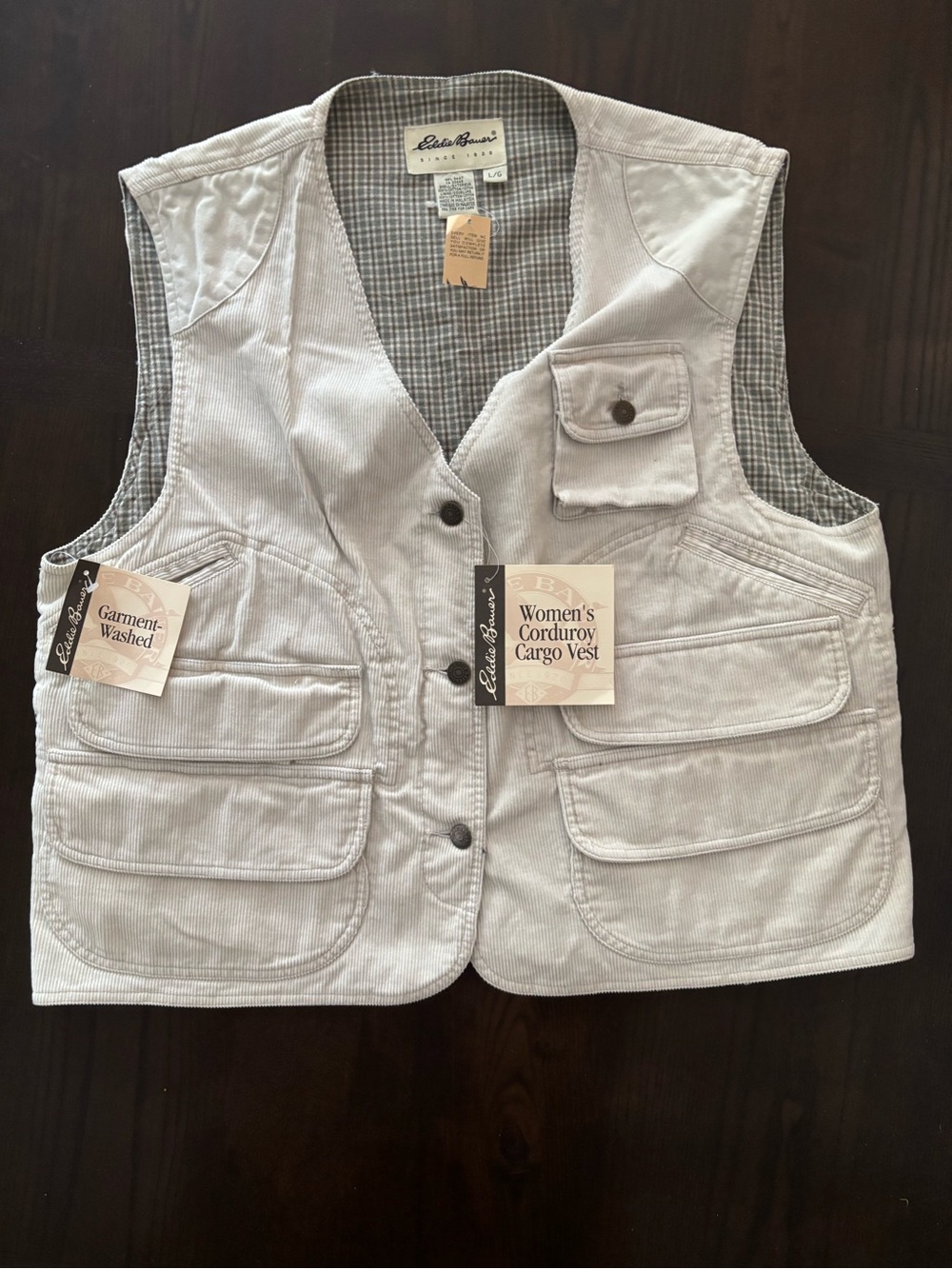NWT Eddie Bauer WOMENS Beige Corduroy Cargo Safari Vest Lined VINTAGE Large New